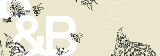 Illustration of bees, a native bee hive and plants 