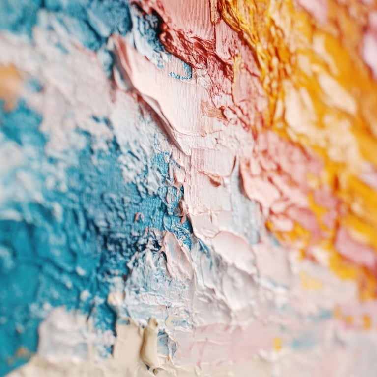 Close-up of a textured abstract painting featuring vibrant blue, orange, and pink colors, conveying a dynamic and expressive artistic style.