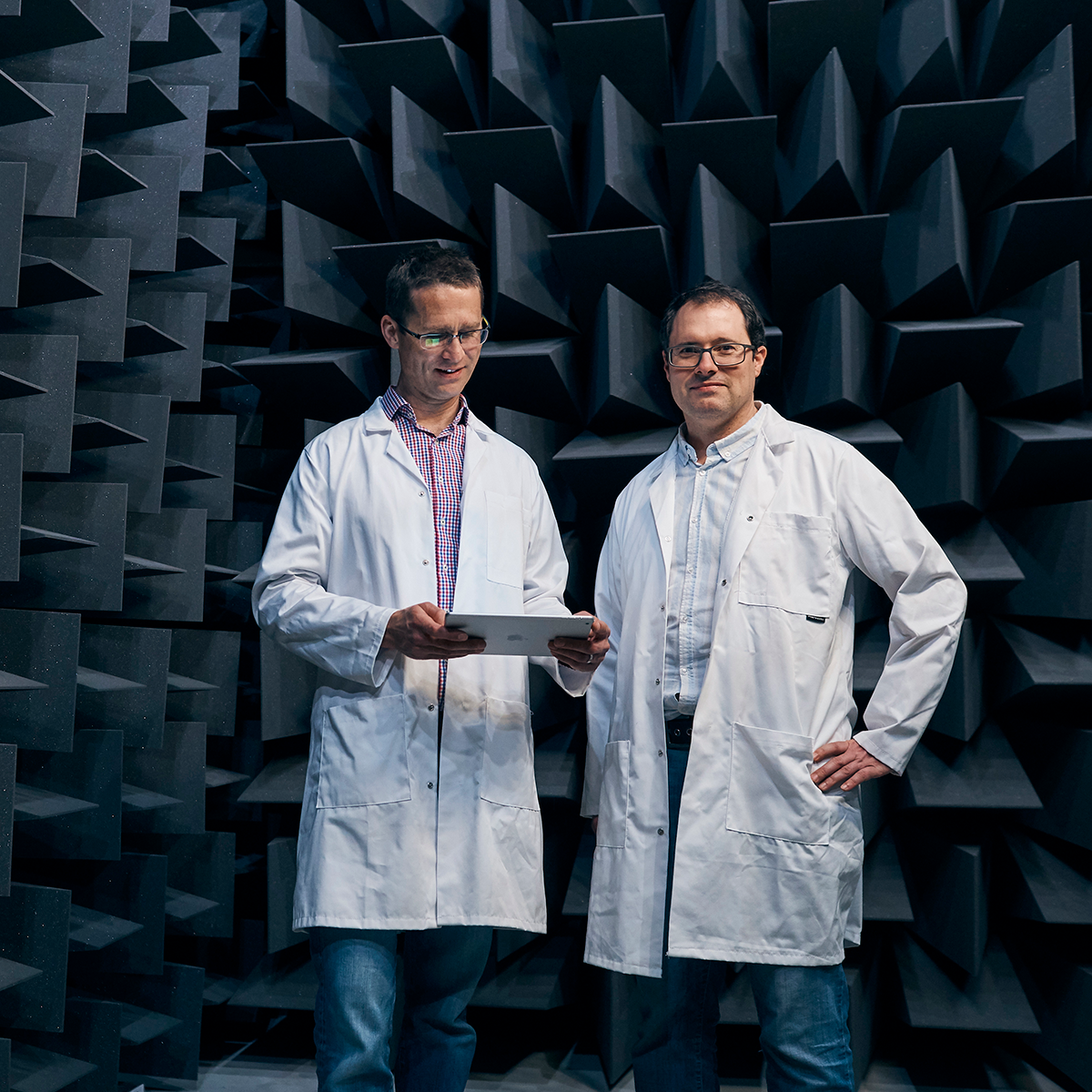 CAAV researchers, Dr Ben Halkon and A/Prof Sebastian Oberst in the anechoic chamber at UTS Tech Lab
