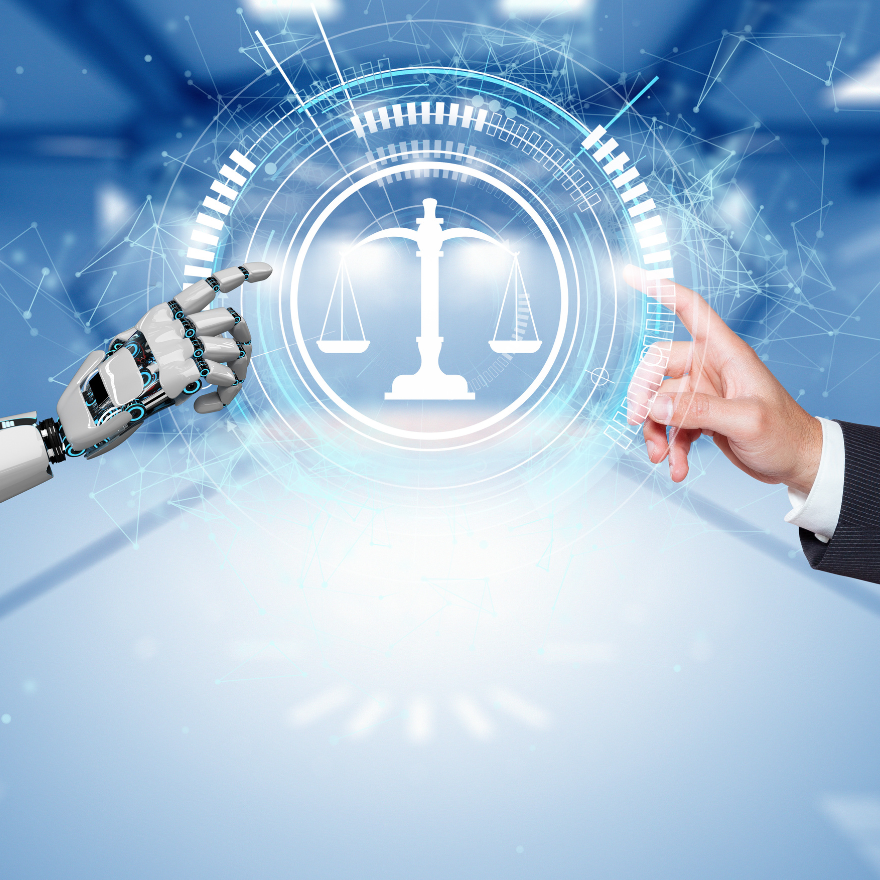 A robot hand on the left and human hand onnthe right both reaching to the middle of the image. In the middle of image is a picture of a scale of justice.
