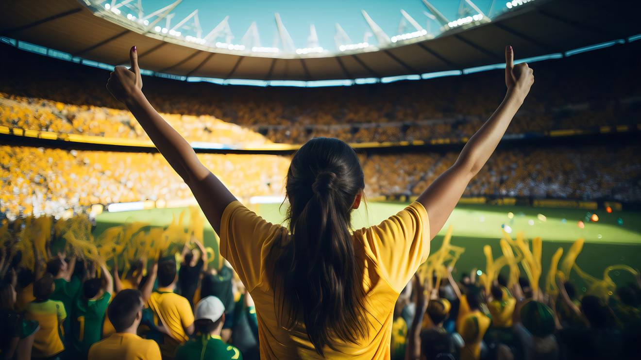 Back view of fans screaming supporting australian team at women's world cup in stadium wearing yellow and green