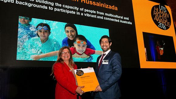 UTS combined journalism/law student Sayed Rahmatullah Hussainizada being awarded the Elizabeth Hastings Memorial Award for Student Community Contribution