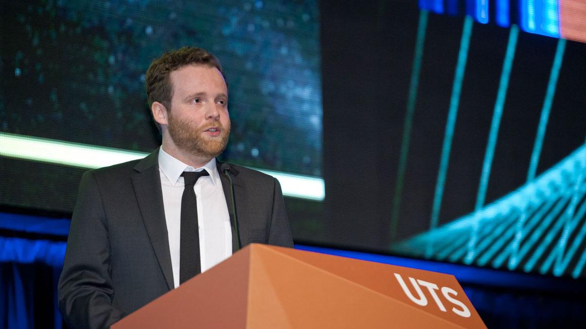 Matthew Johnson at the 2016 UTS Vice-Chancellor's Awards for Research Excellence, picture by Paul Santelmann
