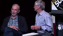 Dick Smith and Paul Ehrlich discussing growth at a public lecture