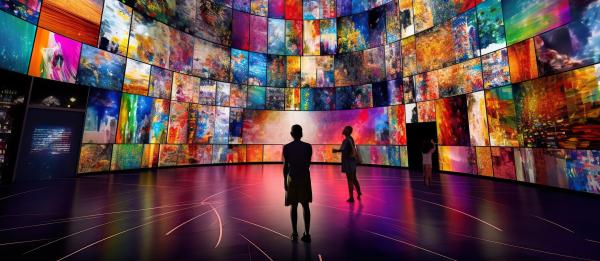 Silhouetted figures stand before colourful illuminated screens