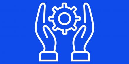 Icon of two hands surrounding a cog on a blue background