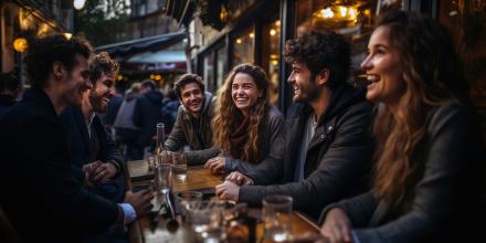  Millennial friends enjoying a fun-filled social gathering at an outdoor restaurant, sharing stories and laughter