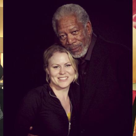 Three photos of Christel Cornilsen. On the left, Christel and two other women stand behind a complicated film camera set up. Centre, Christel poses for a photo with Hollywood actor Morgan Freeman. On the right, a self-taken photo from above shows Christel laying on a towel next to an open book, wearing sunglasses and a t-shirt with #freemelania on it.
