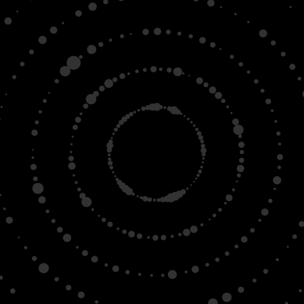 Spirals of grey dots against a solid black background.