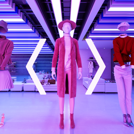 AI generated image of a fashion show. Three mannequins standing side by side.