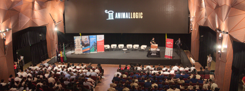 Students watch a presentation from Animal Logic in The Great Hall at UTS