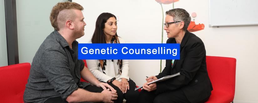 Male and female clients sitting and talking to female genetic counsellor
