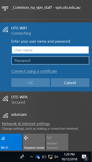 win 10 uts wifi username and password