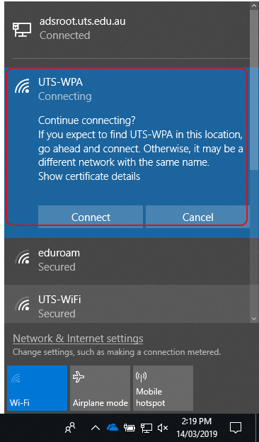 uts-wpa certificate alert for windows 10