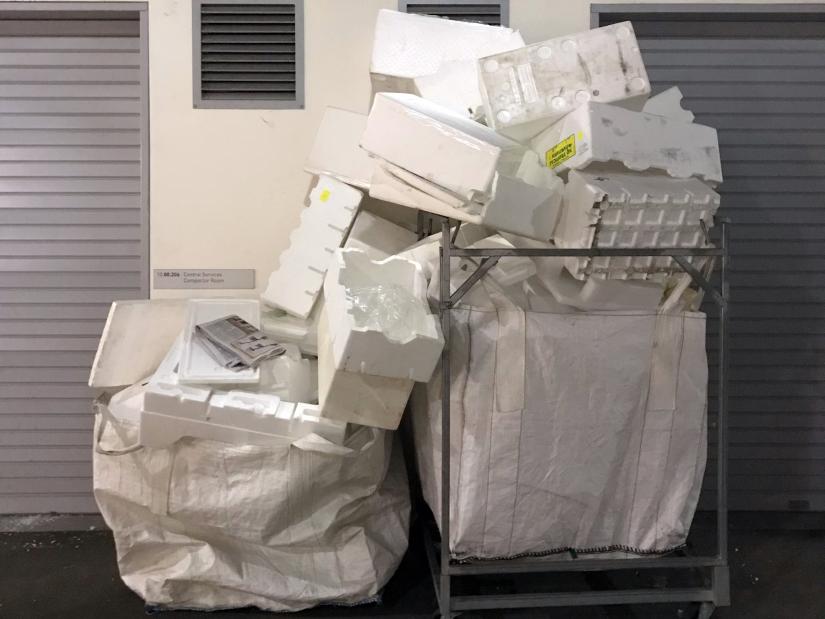 Bins overflowing with expanded polystyrene, or EPS