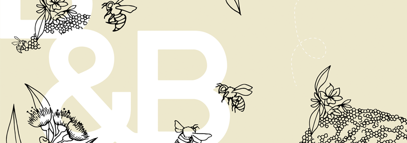 Illustration of bees, a native bee hive and plants 
