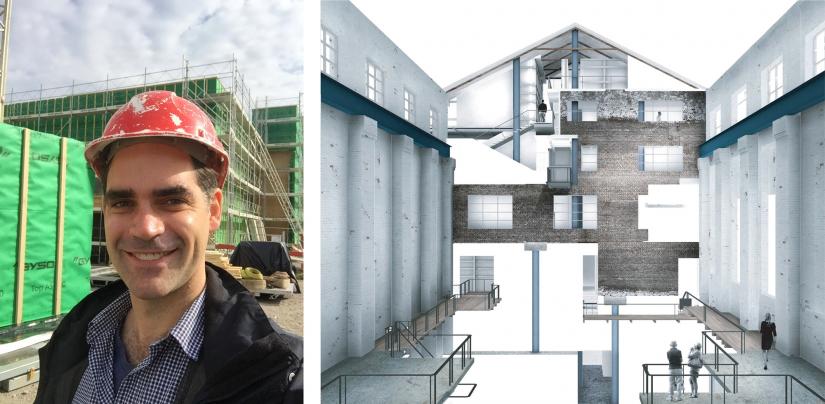Left: Portrait of Thomas Trudeau on a construction site, Right: Drawing from UTS masters project