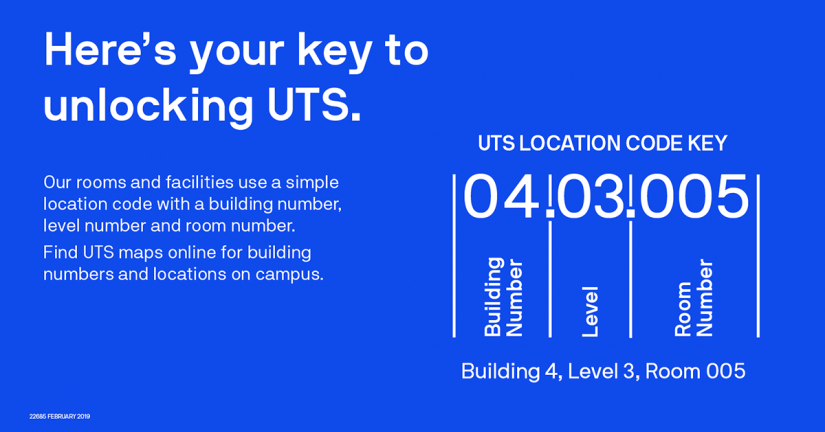 A guide to UTS room codes where the first two digits relate to the building, the second two digits to the level and the final three digits to the room number