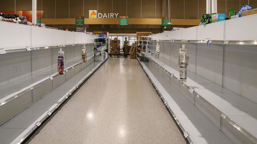 Empty supermarket aisle, no people, no produce