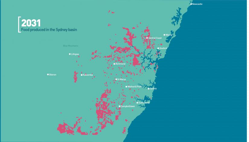 Map showing areas of projected food production in 2031 for Greater Sydney
