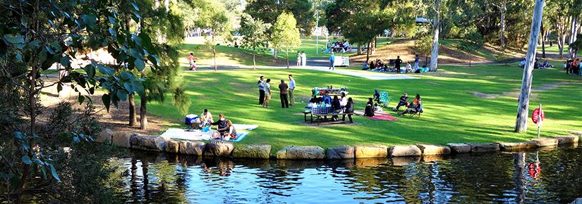 Park scene: picnic, green grass, lake 