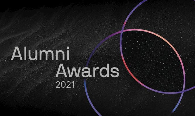 Alumni Awards 2021 on a black starry background with two concentric colourful circles