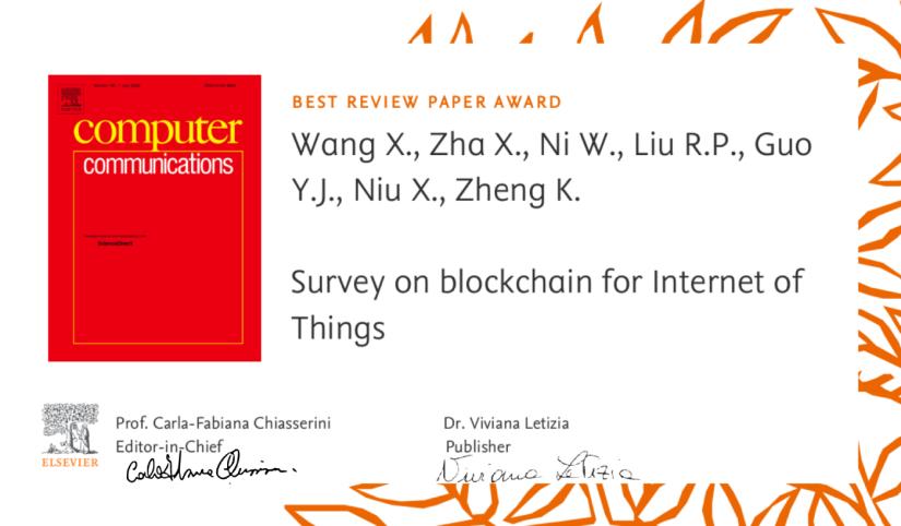 Certificate from Elsevier Computer Communications showing the award winner names and the title of the best review paper.