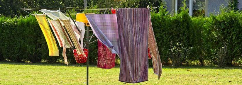 clothes swing in the breeze on a clothesline in a sunny backyard