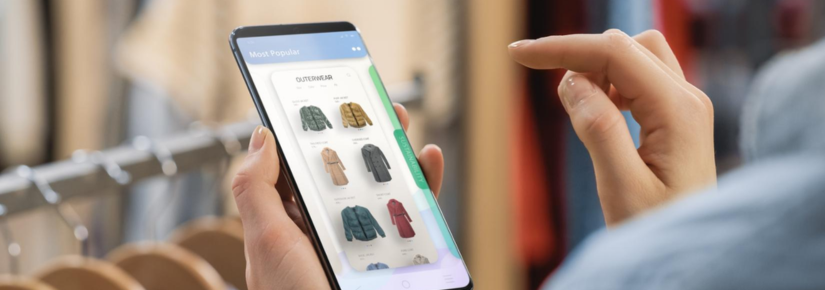 Mobile phone screen displaying retail website for clothing