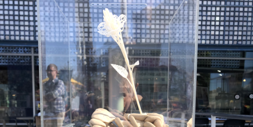 A sculpture of an imaginary mushroom that eats plastics