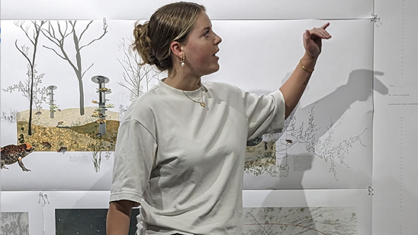 Woman standing in front of a whiteboard with images on it