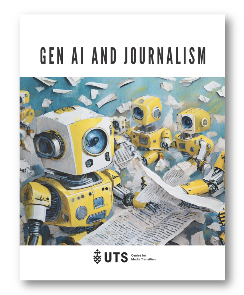 Cover page of research report into GenAI and Journalism showing bots and newspaper pages floating