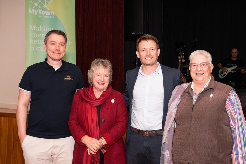 Members of the MyTown Microgrid project Tim McCoy (Wattwatchers), Julie Bryer (Heyfield Community Resource Centre), Dr Scott Dwyer (ISF) with Wellington Shire Councillor Carmel Ripper