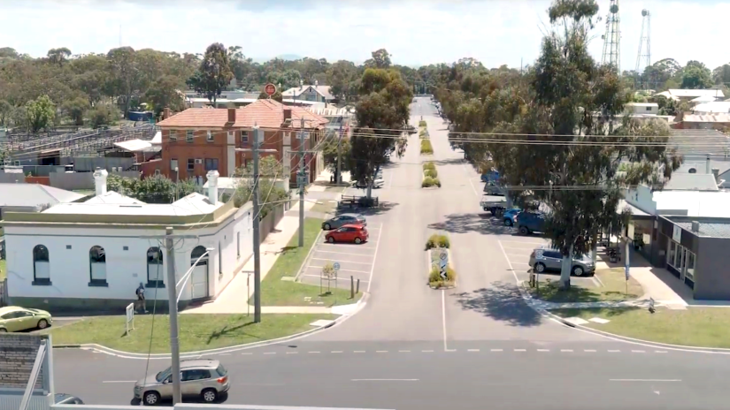 Drone photograph of the main street of Heyfield Victoria