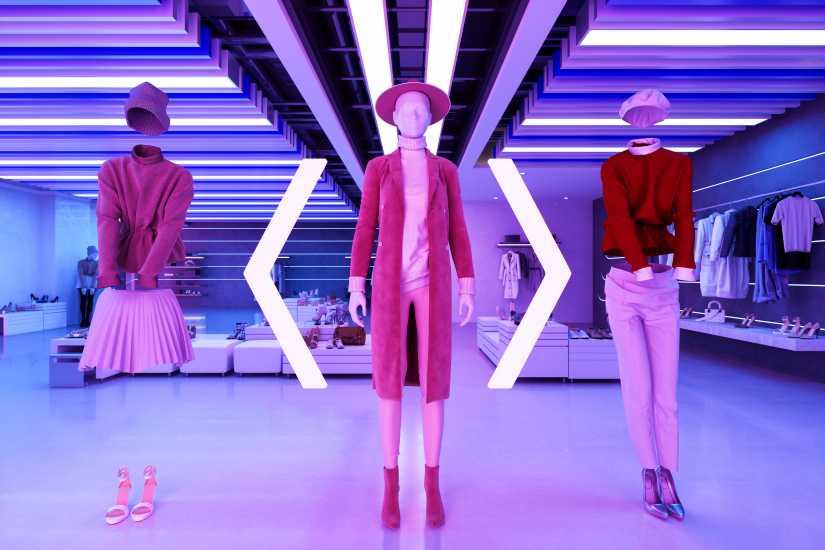 AI generated image of a fashion show. Three mannequins standing side by side.
