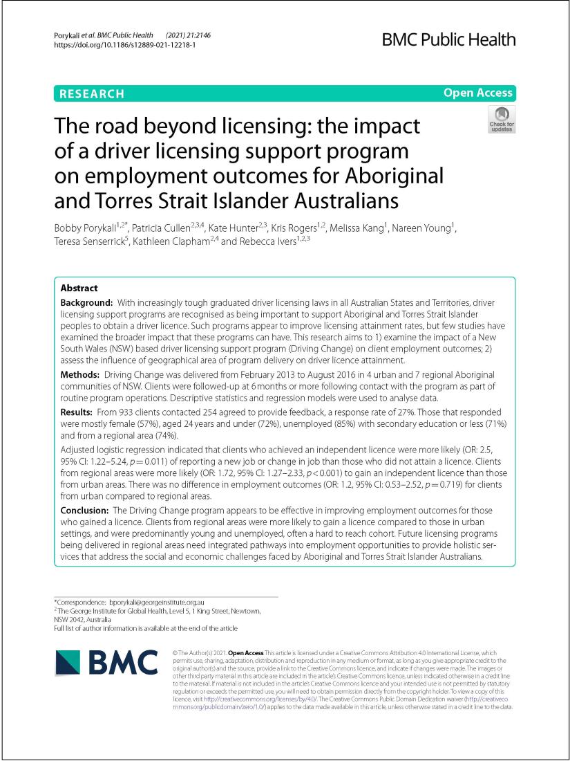 The road beyond licensing: the impact of a driver licensing support program on employment outcomes for Aboriginal and Torres Strait Islander Australians