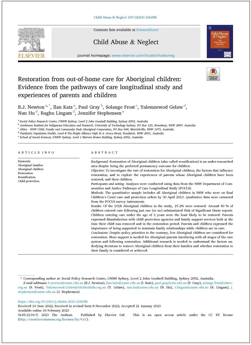 Restoration from out-of-home care for Aboriginal children: Evidence from the pathways of care longitudinal study and experiences of parents and children