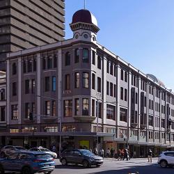 The heritage-style Bon Marche building on the corner of the busy Broadway and Harris St intersection