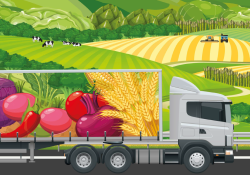An illustration of a truck with fresh fruit and veggies painted on the side, driving past a field with cows grazing and crops being planted.