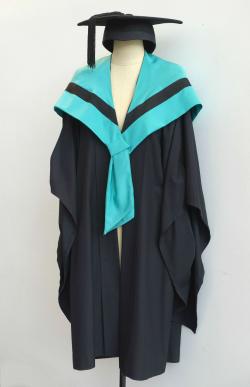 Black Bachelor gown, jade green Bachelor hood for Education and a black trencher