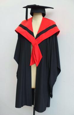 Black Bachelor gown, scarlet Bachelor hood for Engineering and a black trencher