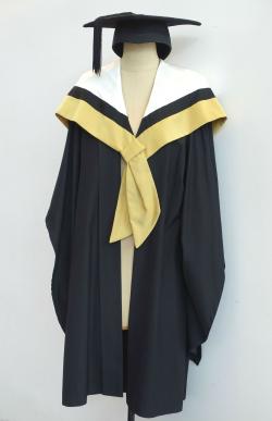 Black Bachelor gown, chartreuse Graduate Diploma hood for Design, Architecture and Building and a black trencher