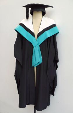 Black Bachelor gown, jade green Graduate Diploma hood for Education and a black trencher