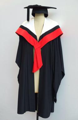 Black Bachelor gown, scarlet Graduate Diploma hood for Engineering and a black trencher