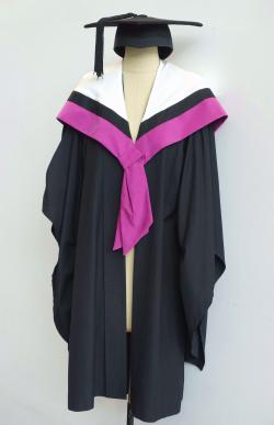 Black Bachelor gown, fuchsia Graduate Diploma hood for Faculty of Health and a black trencher