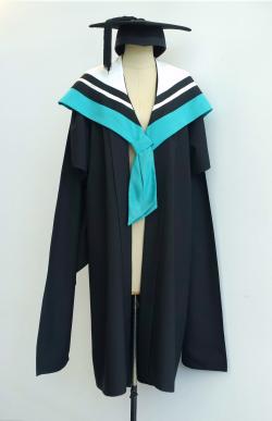 Black Master gown, jade green Master hood for Education and a black trencher