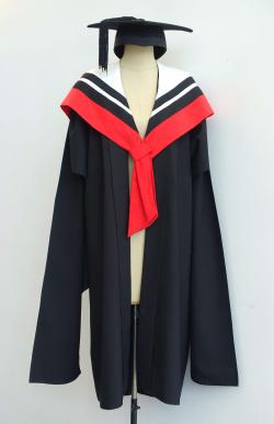 Black Master gown, scarlet Master hood for Engineering and a black trencher