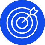Blue background with white illustration of an arrow hitting the centre of a a target made up of three circles