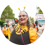 UTS staff member dressed up as a bee at Mardi Gras 2018.