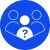 Blue background with white illustration of thee outline of three people - heads and shoulders - with the middle one in solid white and a blue question mark to indicate inquiryruy